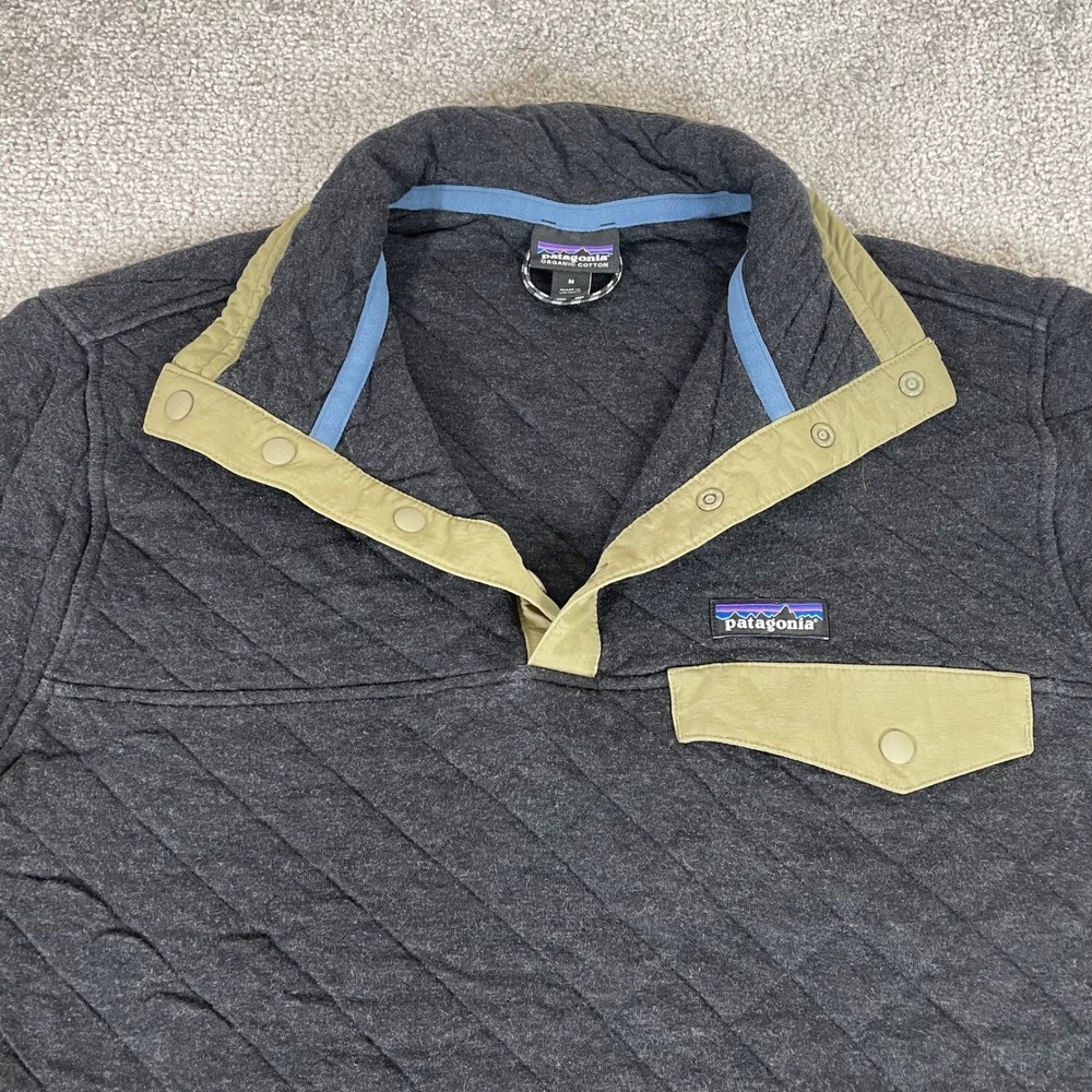 Patagonia Snap T Pullover Mens Medium Quilt Organic Cotton Sweater Gray Beige